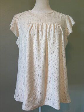 NWT Adrianna Papell White Eyelet Flutter Sleeve Top w/Overlay Size Small